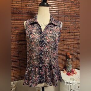 Mossimo Supply Co. Navy Floral Sleeveless Sheer Blouse